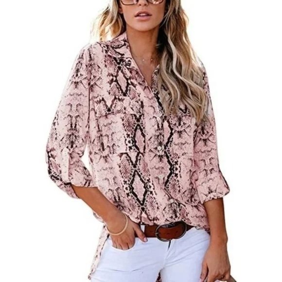 Counter Parts Women's Tunic Button up Shirt Top Snake Print Long Sleeve Green L - Picture 1 of 7